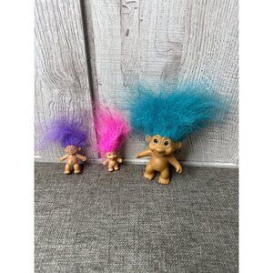 Vintage Troll Dolls Bright Pink Purple & Blue Hair Mixed Lot of 3 Sizes 2'-5"